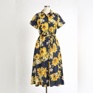 Jason Wu Navy and Yellow Sunflower Button-Front Midi Dress
